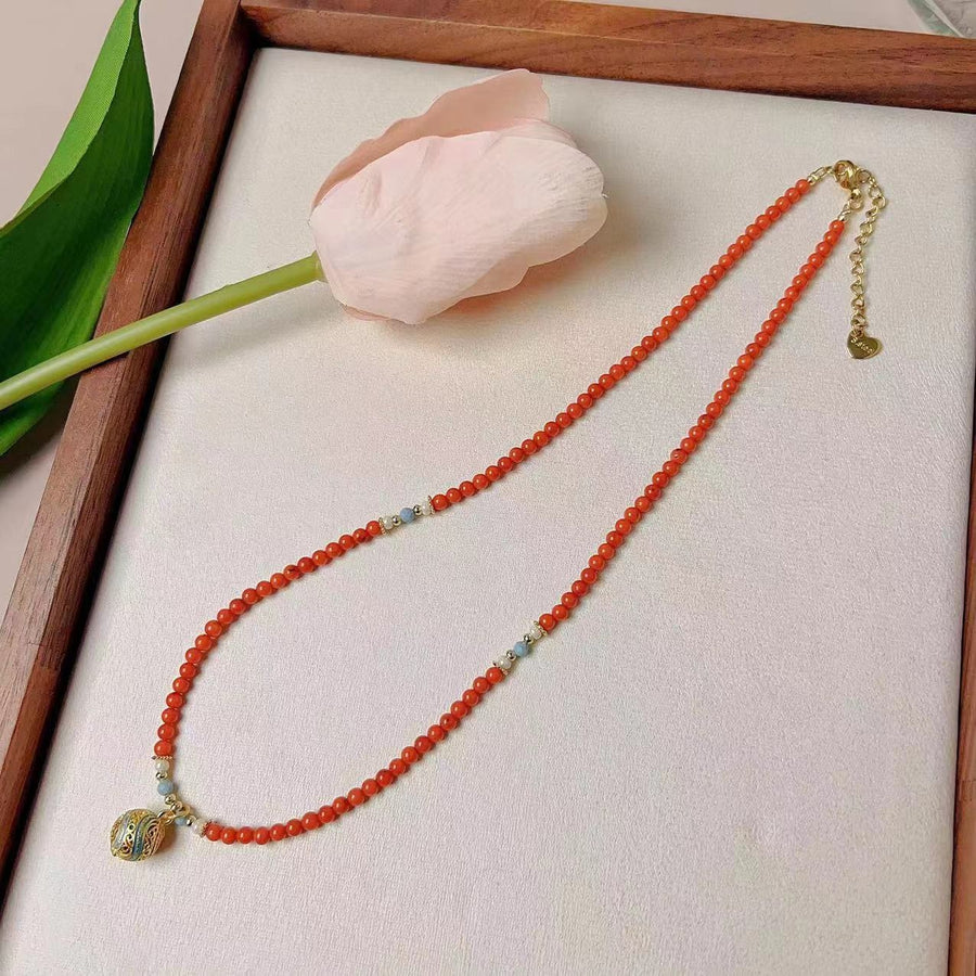 【Mihmily】Retro coral red enamel ball bead necklace, niche design, high-end feel, connected with Buddha, love life