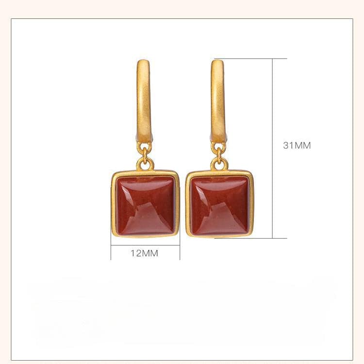 【Mihmily】Natural enamel red geometric earrings - retro square, elegant and exquisite, suitable gift for women