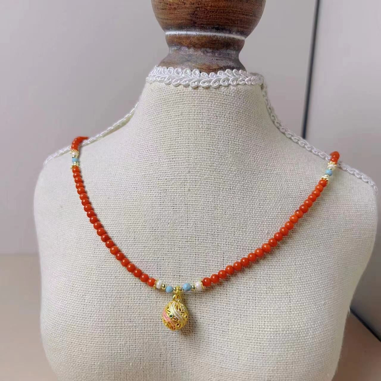 【Mihmily】Retro coral red enamel ball bead necklace, niche design, high-end feel, connected with Buddha, love life