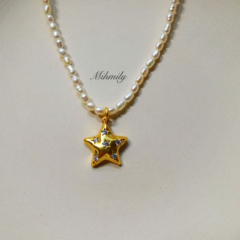 【Mihmily】Chic Vintage Freshwater Pearl and Geometric Gold Plated Necklace - Elegant Simple Necklace for Women, Great Gift