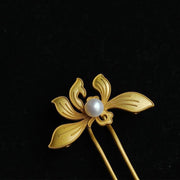 【Mihmily】Gold orchid hairpin, pearl classical style - ethnic style good luck jewelry