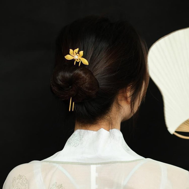 【Mihmily】Gold orchid hairpin, pearl classical style - ethnic style good luck jewelry