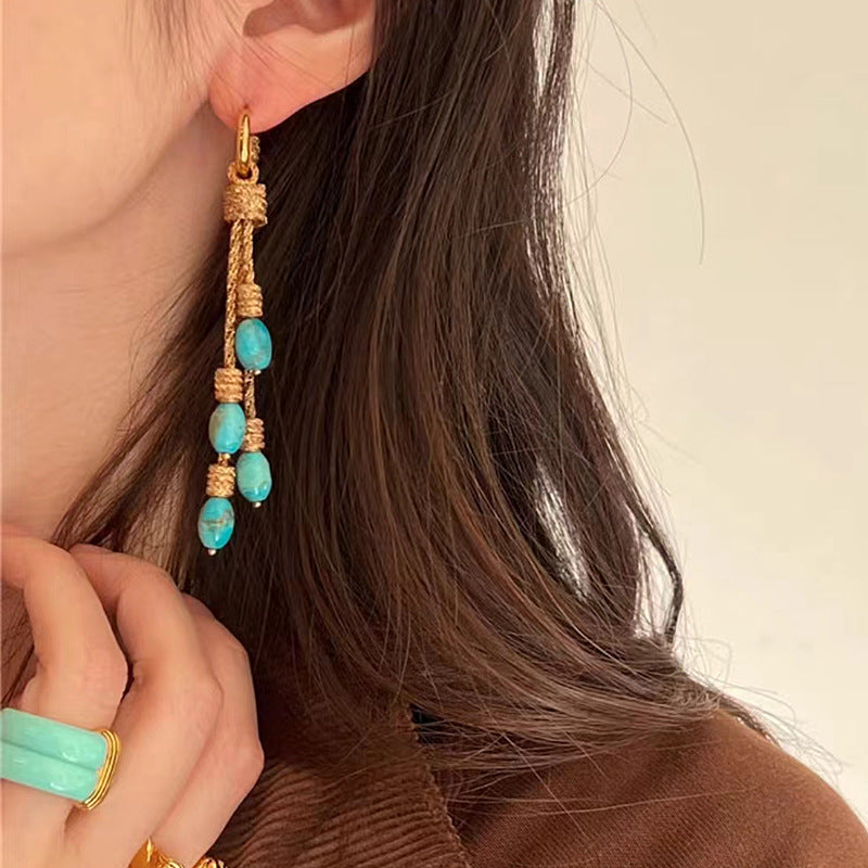 【Mihmily】Turquoise pendant tassel earrings, light luxury and high-end feel, bring wealth and good luck