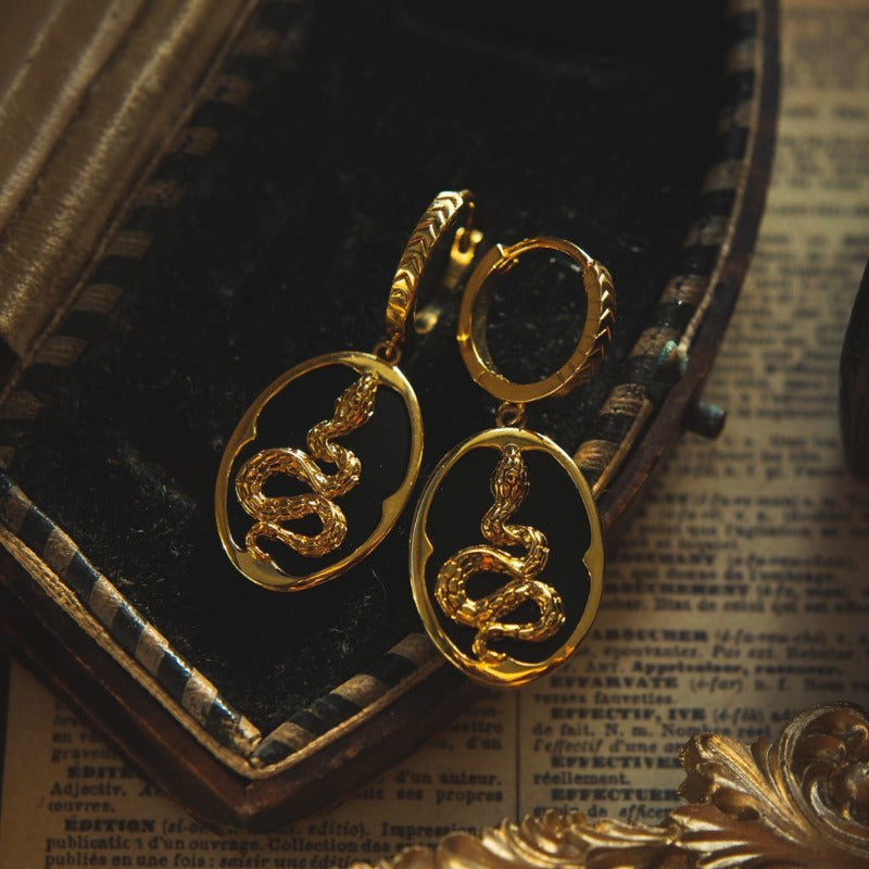 【Mihmily】Vintage Egyptian Gold Snake Earrings with Black Onyx - Timeless Fashion, Versatile High-end, Spiritual Jewelry that Brings Good Luck