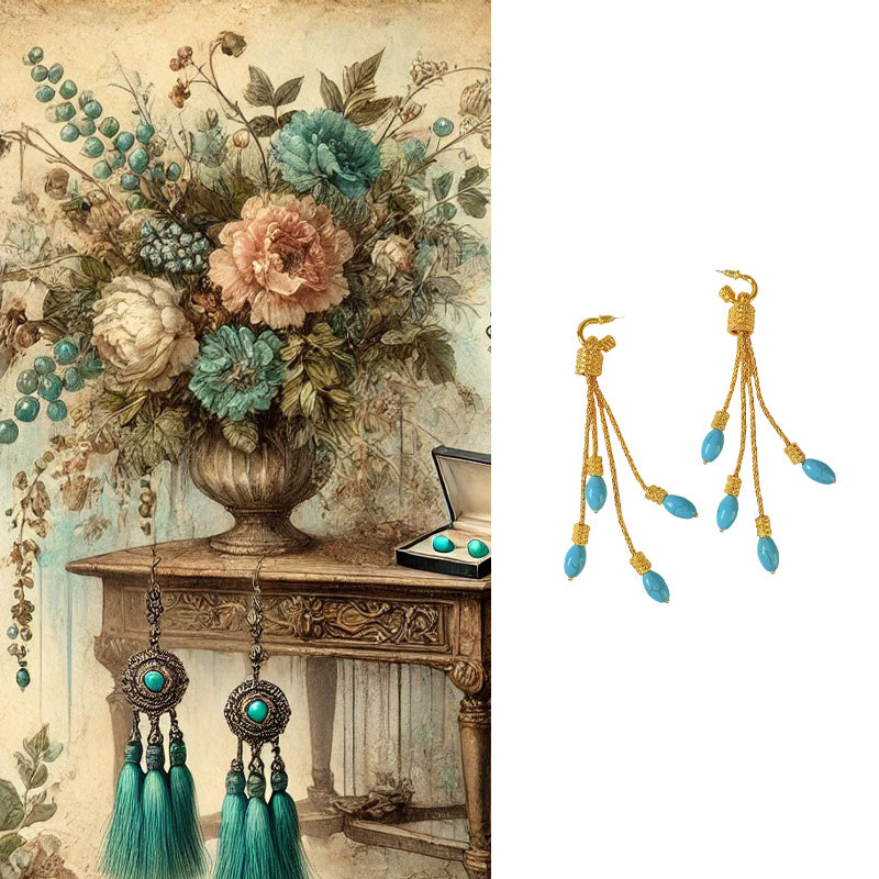 【Mihmily】Turquoise pendant tassel earrings, light luxury and high-end feel, bring wealth and good luck