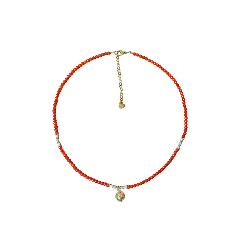 【Mihmily】Retro coral red enamel ball bead necklace, niche design, high-end feel, connected with Buddha, love life