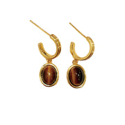 【Mihmily】Elegant Gold Plated Hoop Earrings, Good Luck Natural Tiger Eye Stone Pendant - Vintage Style