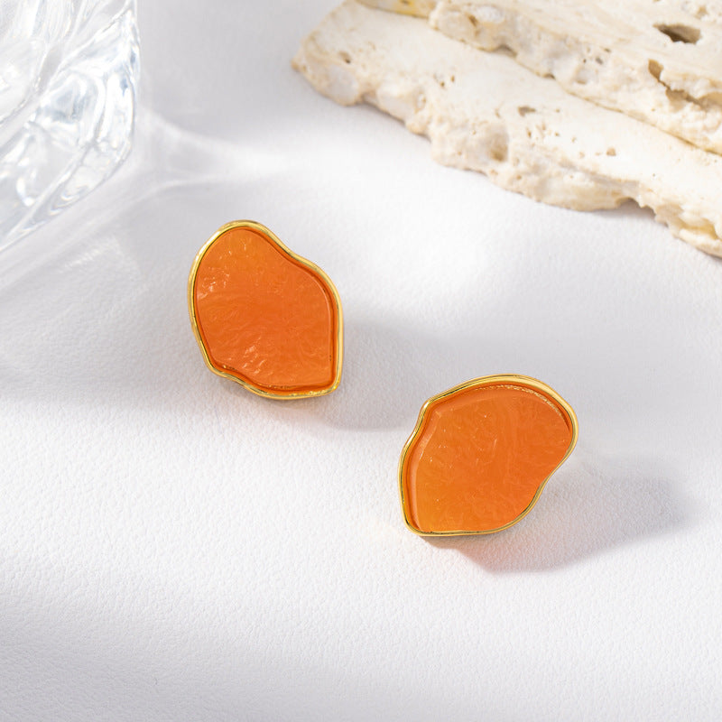 【Mihmily】Elegant French Hong Kong style translucent orange irregular earrings-artistic retro charm brings good luck