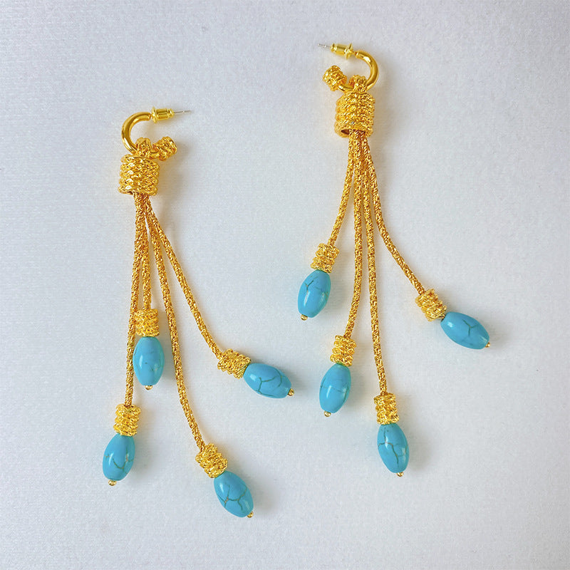 【Mihmily】Turquoise pendant tassel earrings, light luxury and high-end feel, bring wealth and good luck