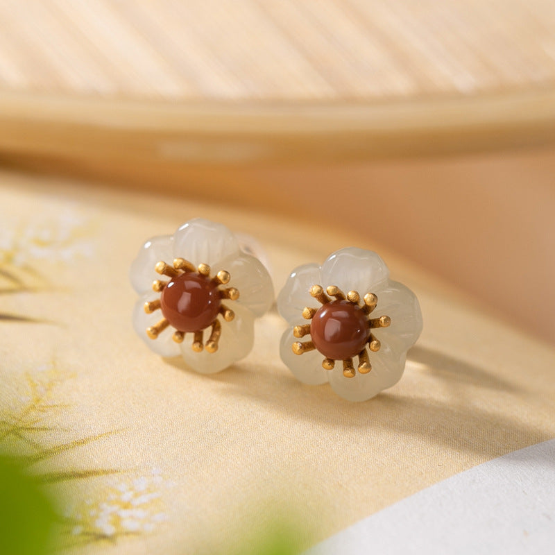 Mihmily brand - South Red Agate and Hetian Jade Flower Earrings, Retro and Fashionable