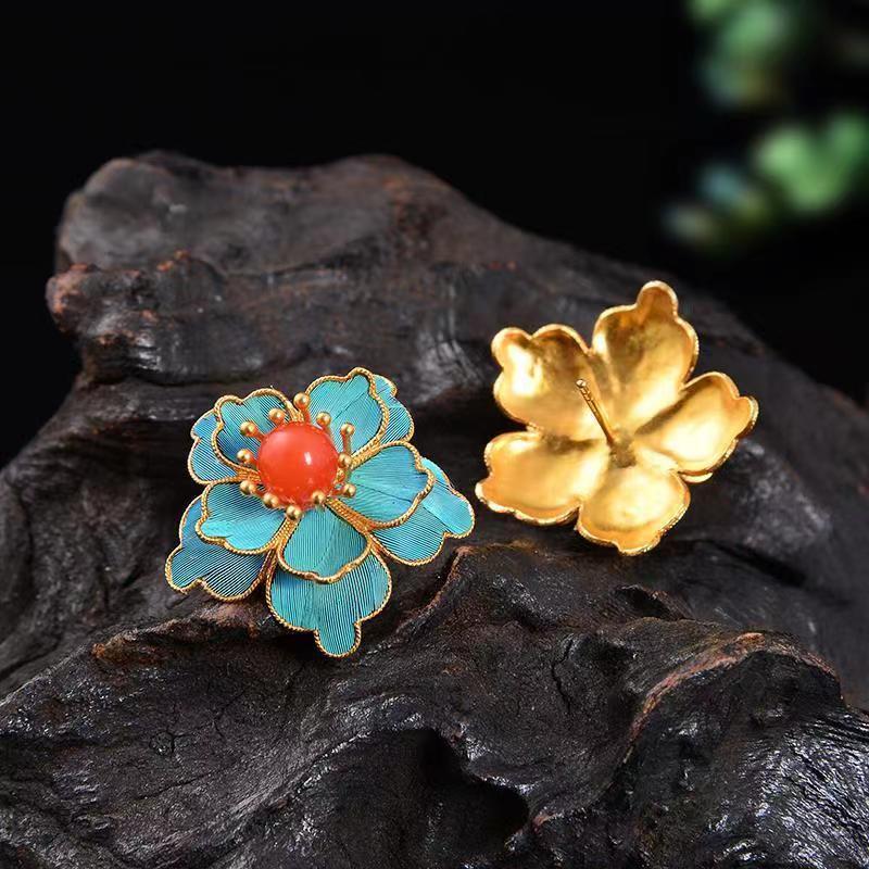 Mihmily brand-cloisonne peony earrings, retro palace style fashion