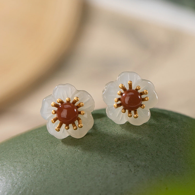 Mihmily brand - South Red Agate and Hetian Jade Flower Earrings, Retro and Fashionable