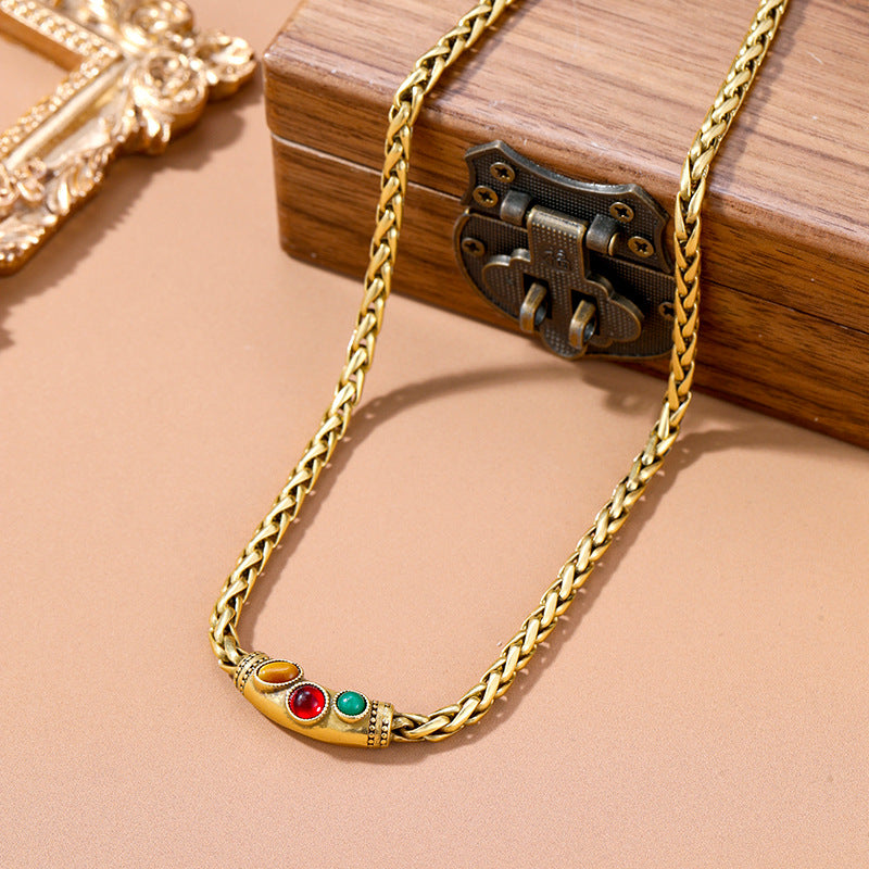 【Mihmily】Vintage inlaid natural gemstone necklace, fashionable and advanced, brings good luck