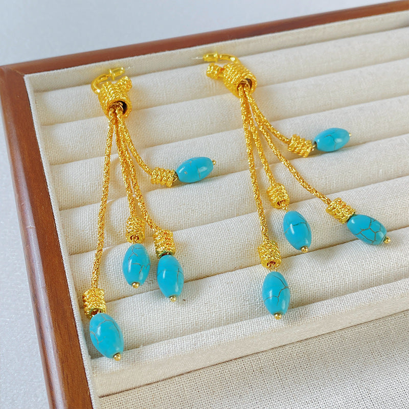 【Mihmily】Turquoise pendant tassel earrings, light luxury and high-end feel, bring wealth and good luck