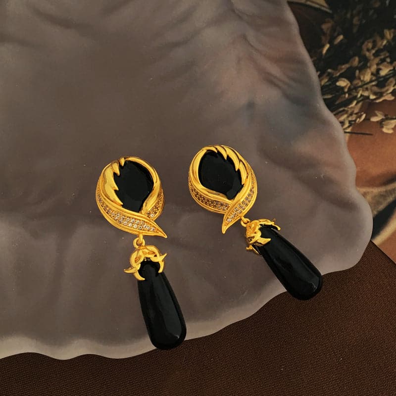 【Mihmily】Natural Black Agate Earrings - Elegant and Retro, Perfect Gift for Women