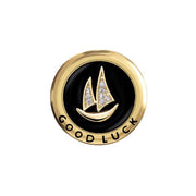 【Mihmily】A Luxurious Black and Gold Enamel Lapel Pin with 'Good Luck' Inscription and Sailboat Motif