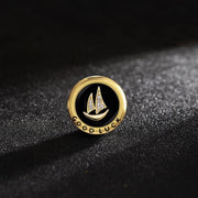 【Mihmily】A Luxurious Black and Gold Enamel Lapel Pin with 'Good Luck' Inscription and Sailboat Motif