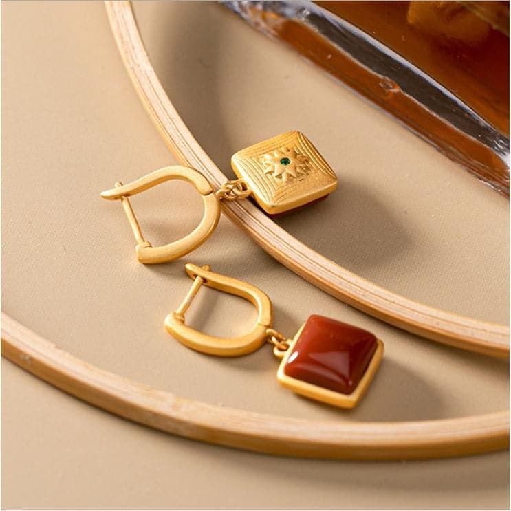 【Mihmily】Natural enamel red geometric earrings - retro square, elegant and exquisite, suitable gift for women