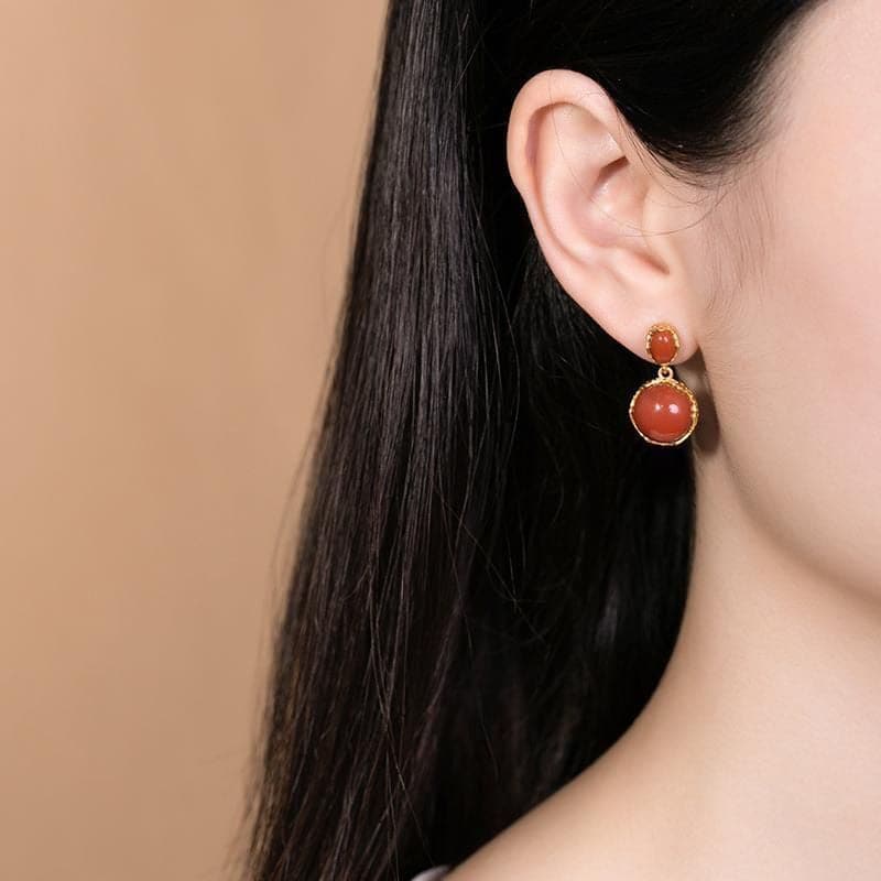 【Mihmily】 klassische Ohrringe, Retro-Eleganz, roter Onyx, geometrisches Design, schlicht und elegant, ein Geschenk für Ihre Mutter oder Frau