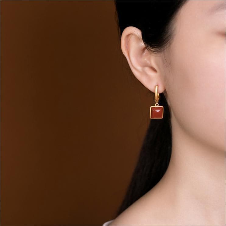 【Mihmily】Natural enamel red geometric earrings - retro square, elegant and exquisite, suitable gift for women