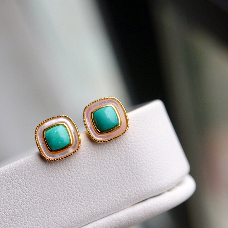 【Mihmily】Natural turquoise square earrings, lucky stone brings good luck